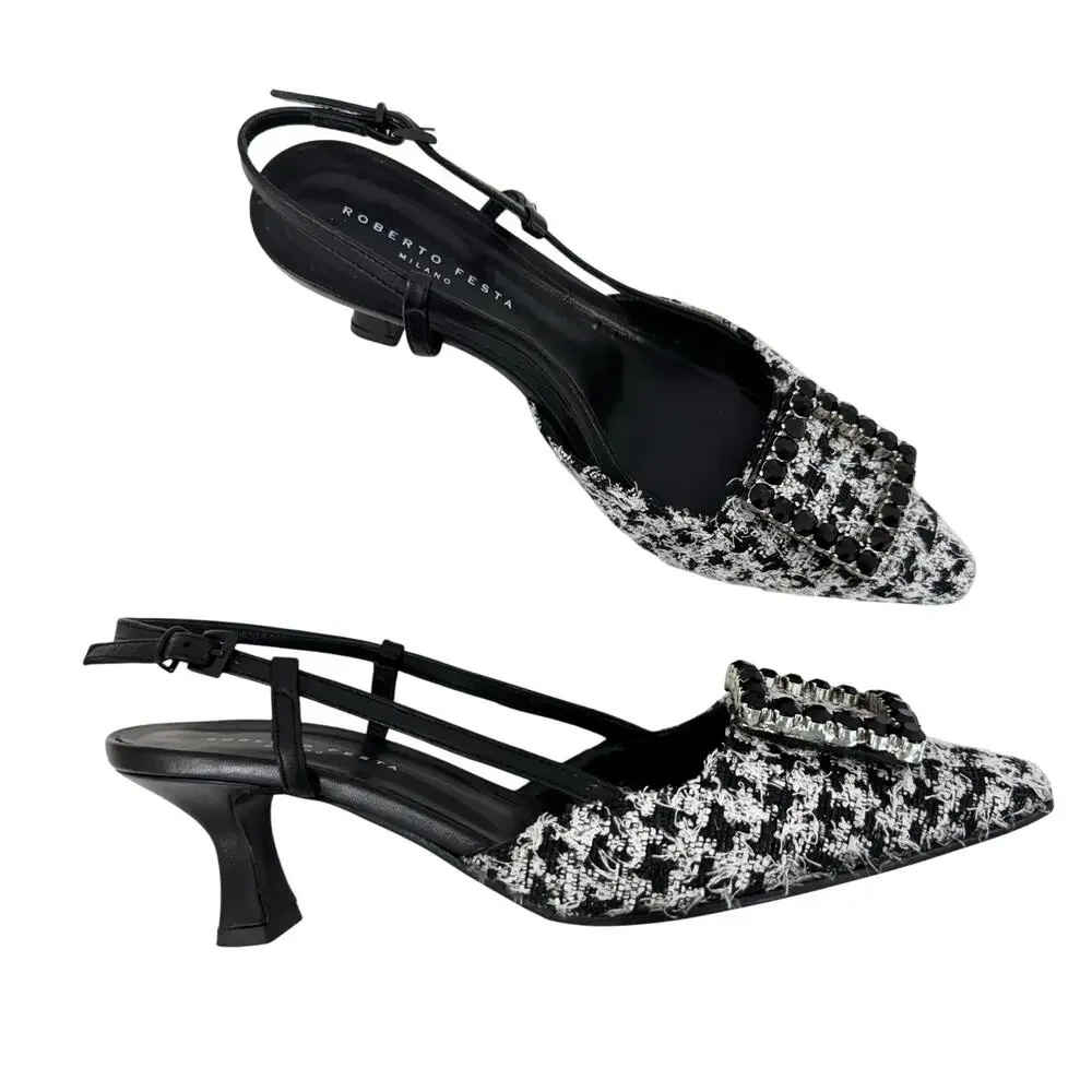 Roberto Festa Atena Slingback Pumps Embellished Buckle Houndstooth 39.5 (US9.5)
